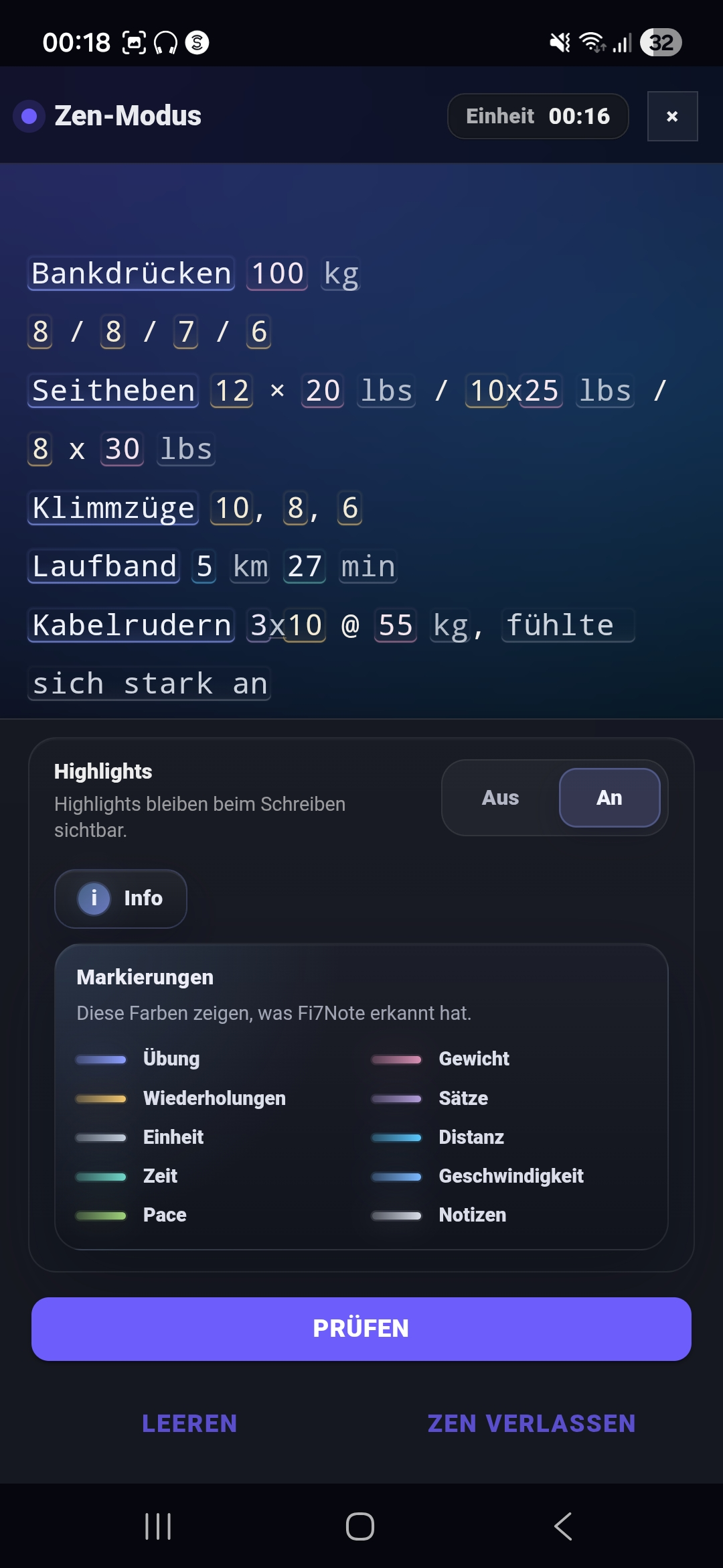 Fi7Note Eingabe-Editor mit einer gemischten Trainingsnotiz und erkannten Highlights für Übungen, Sätze, Gewichte, Cardio und Kommentare.