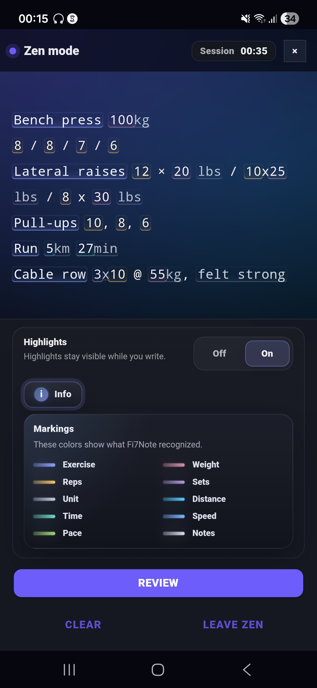 Fi7Note input editor showing a mixed workout note with recognized highlights for exercises, sets, weights, cardio and comments.