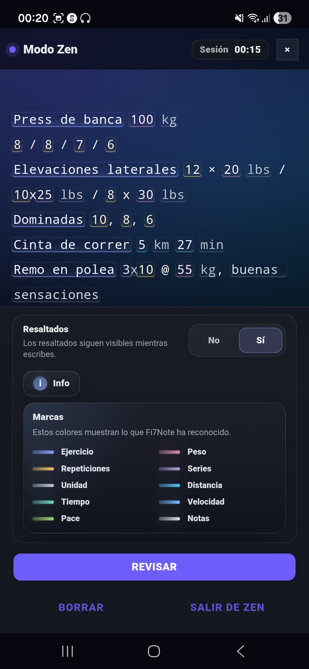 Editor de entrada de Fi7Note con una nota de entrenamiento mixta y highlights reconocidos para ejercicios, series, pesos, cardio y comentarios.