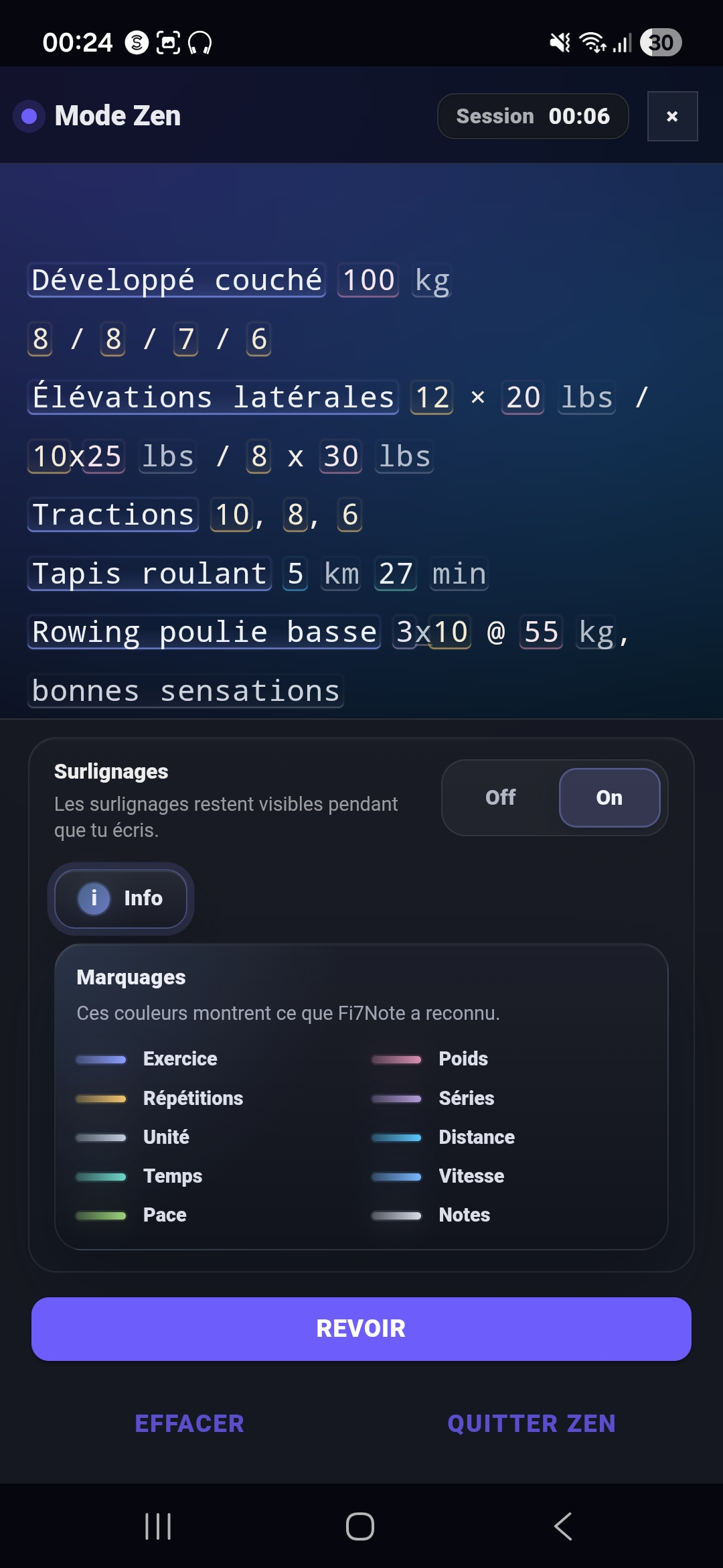 Éditeur de saisie Fi7Note montrant une note d’entraînement mixte avec des highlights reconnus pour les exercices, séries, charges, cardio et commentaires.