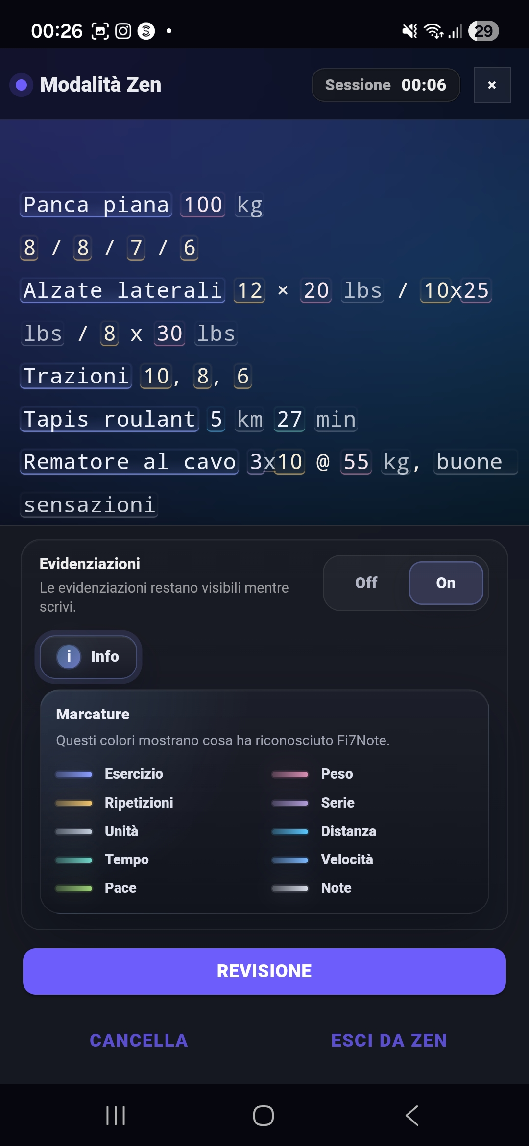 Editor di input Fi7Note con una nota di allenamento mista e highlights riconosciuti per esercizi, serie, pesi, cardio e commenti.