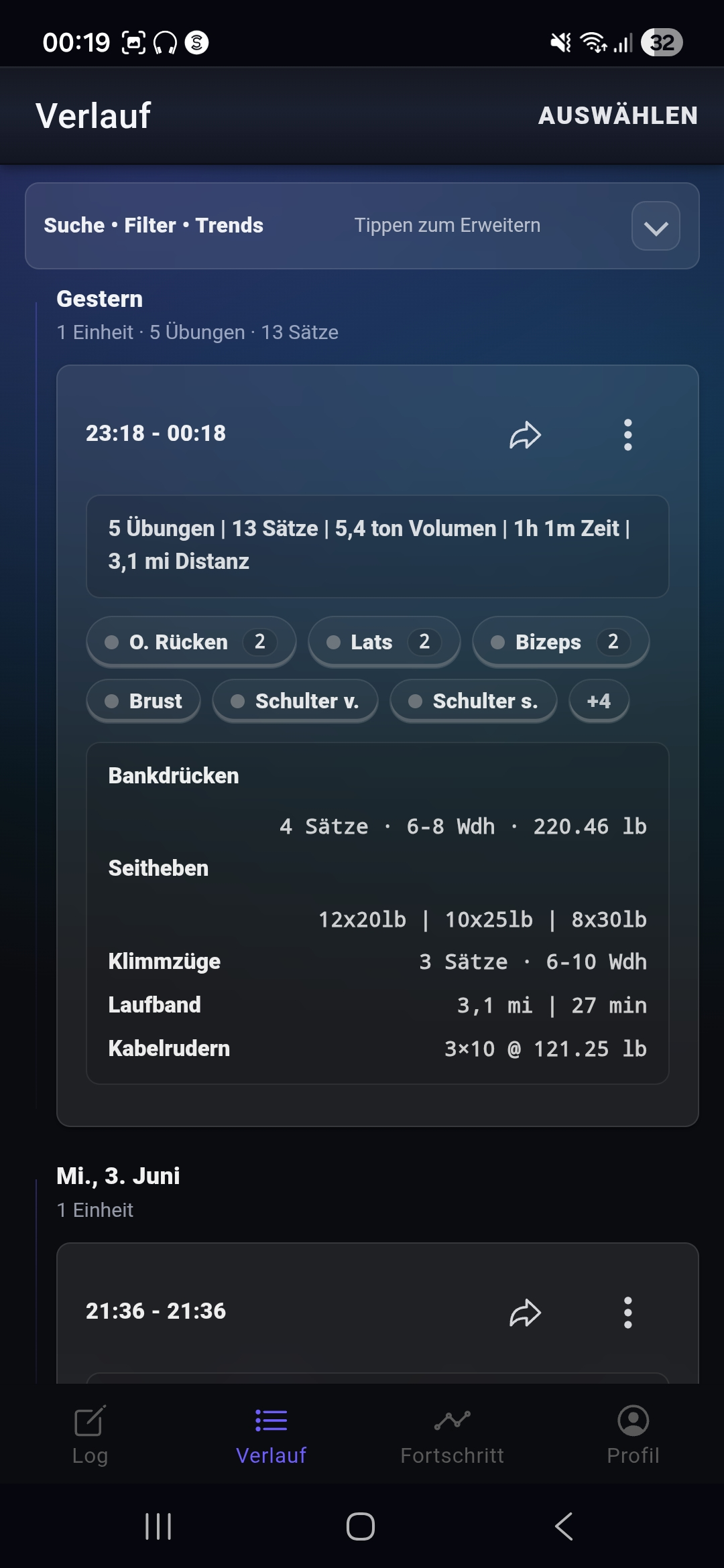 Fi7Note History-Ansicht mit der gespeicherten Trainingsnotiz als wiederverwendbarem Workout-Eintrag.