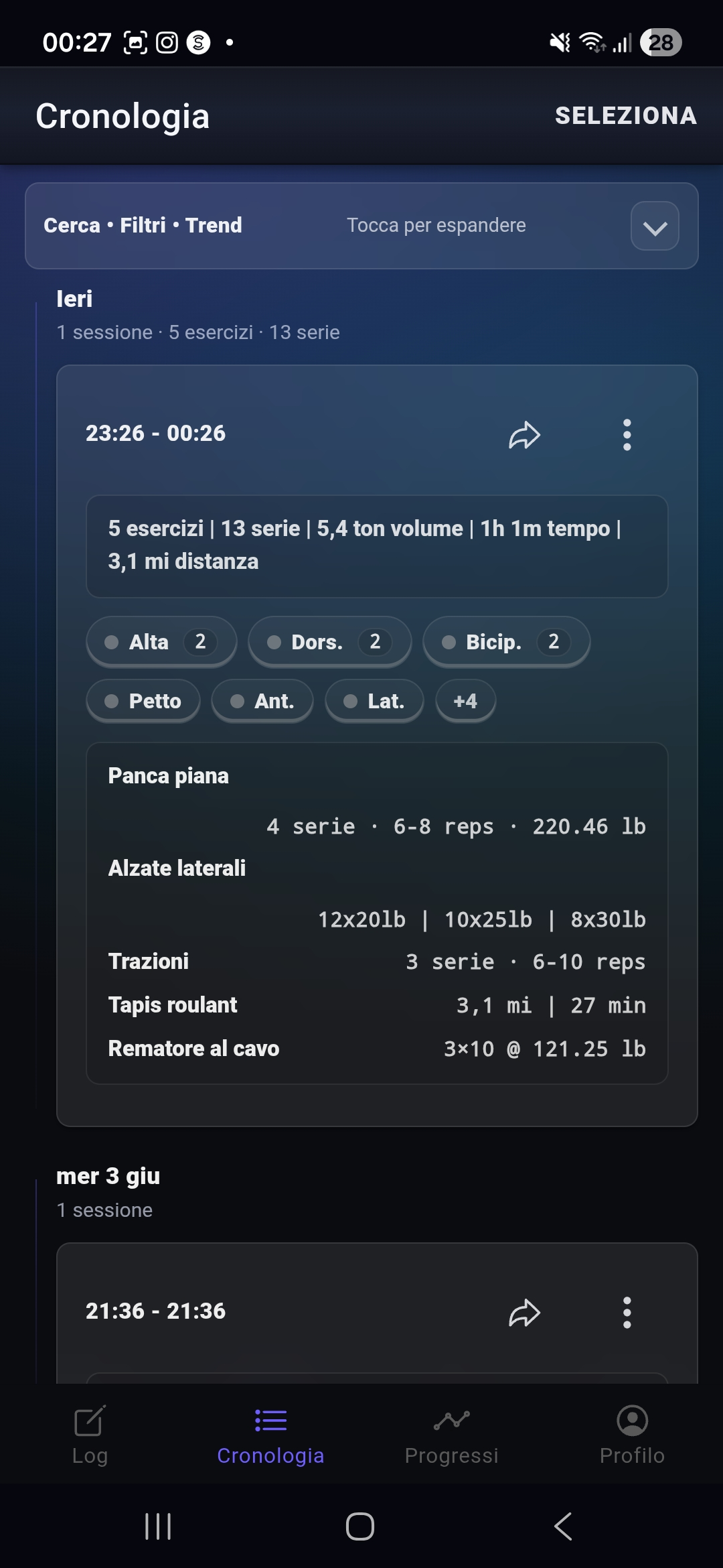 Schermata History di Fi7Note con la nota di allenamento salvata come voce riutilizzabile.