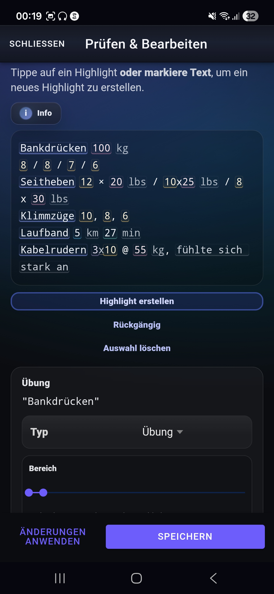 Fi7Note Review-Schritt mit erkannten Workout-Highlights, die vor dem Speichern geprüft und angepasst werden können.