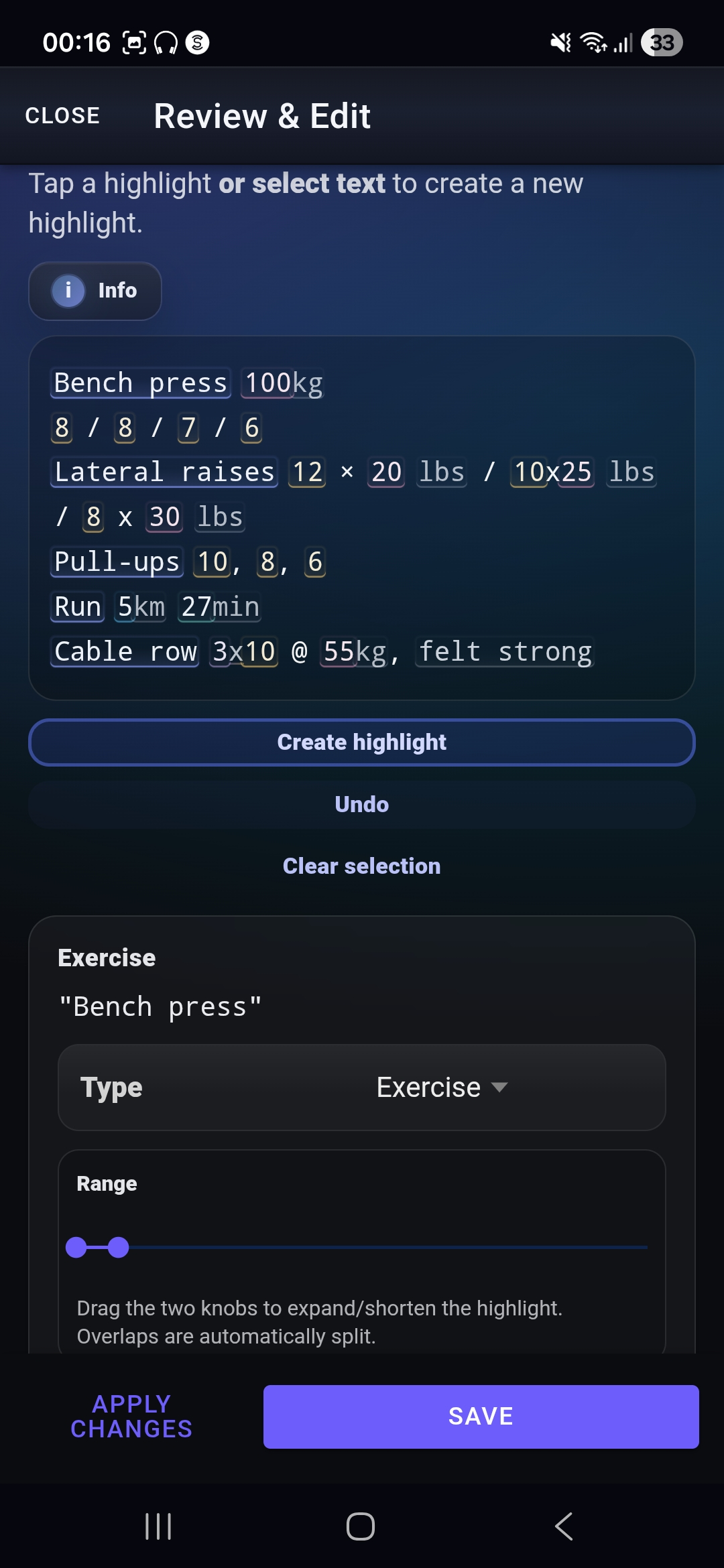 Fi7Note review step showing recognized workout highlights that can be checked and adjusted before saving.