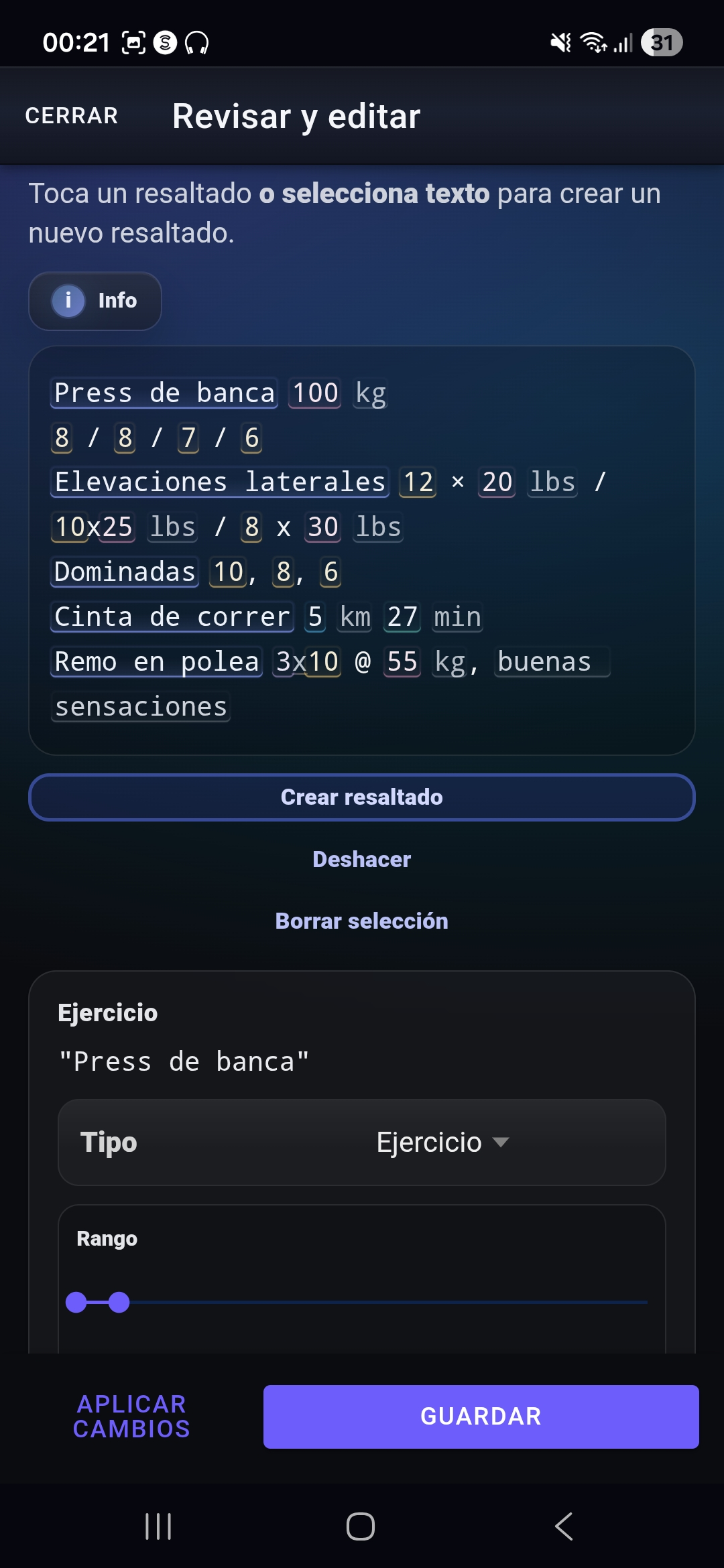 Paso de revisión de Fi7Note con highlights de entrenamiento reconocidos que se pueden comprobar y ajustar antes de guardar.