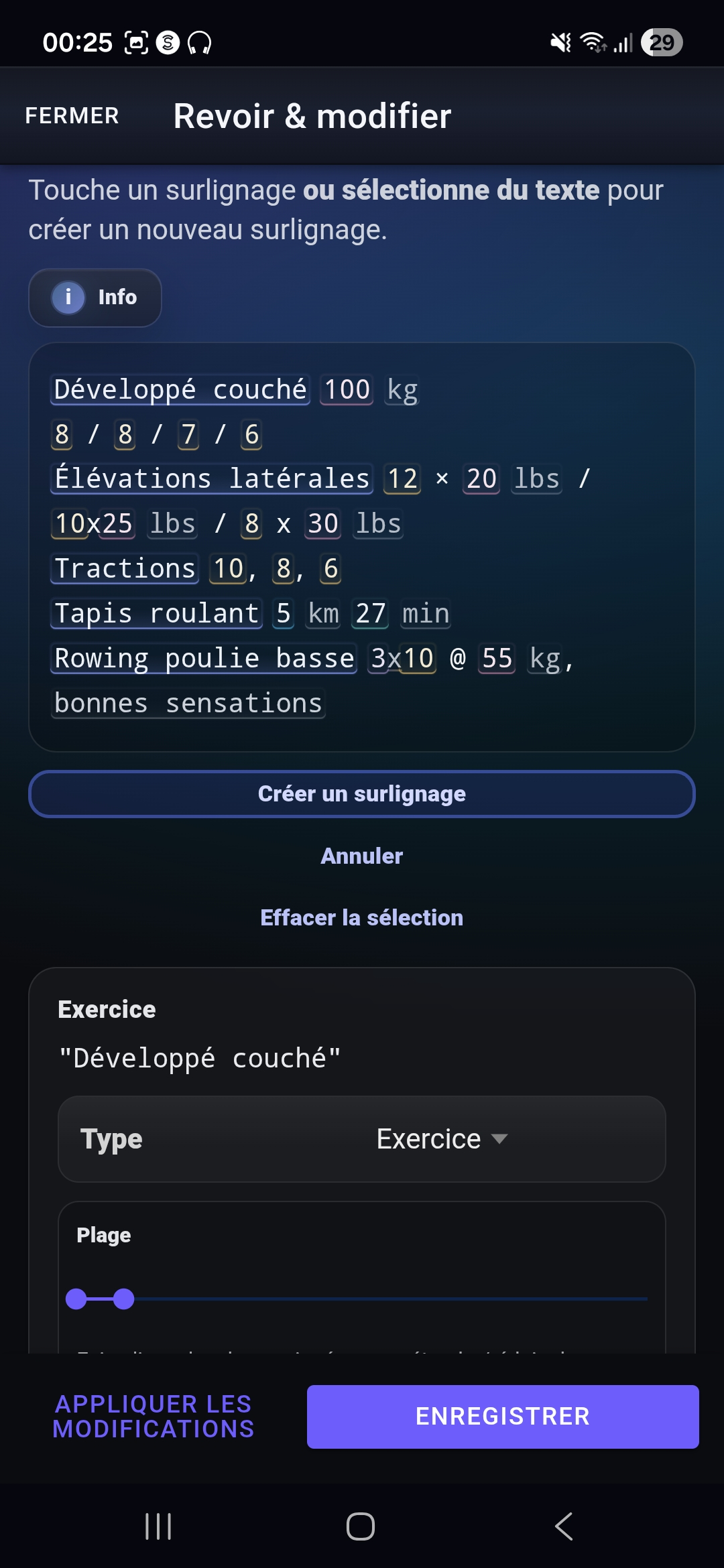 Étape de vérification Fi7Note montrant des highlights d’entraînement reconnus qui peuvent être contrôlés et ajustés avant l’enregistrement.