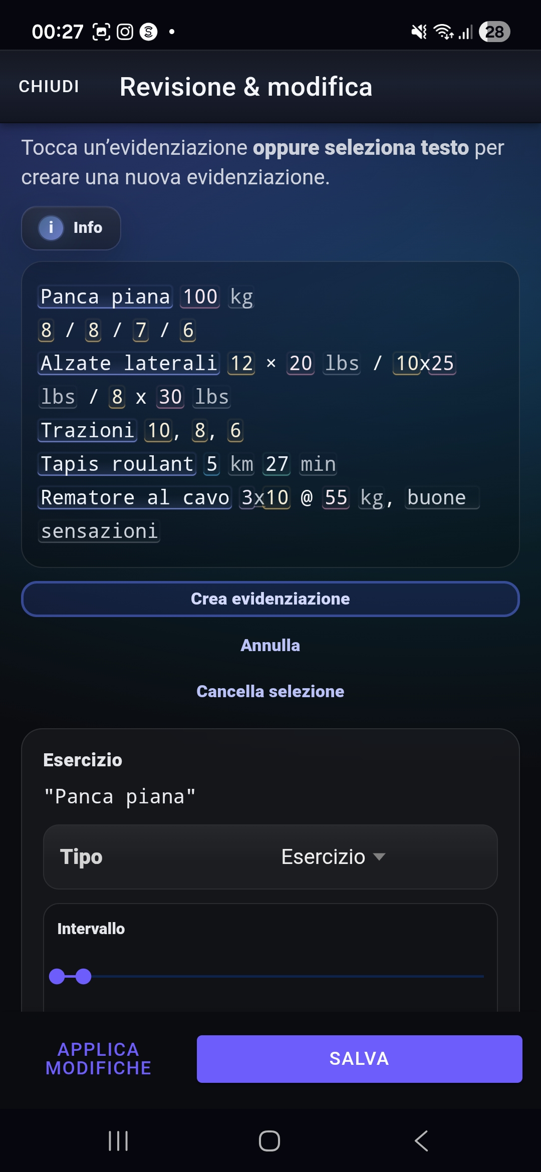 Passaggio di revisione Fi7Note con highlights dell’allenamento riconosciuti che possono essere controllati e modificati prima del salvataggio.
