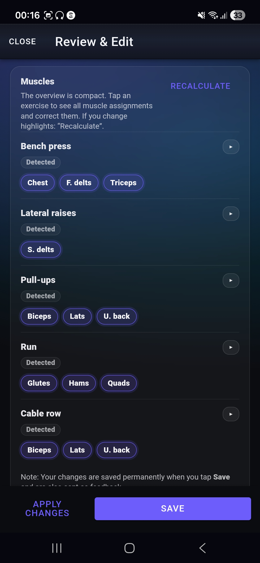Fi7Note review step showing recognized muscles and related workout details before the session is saved.
