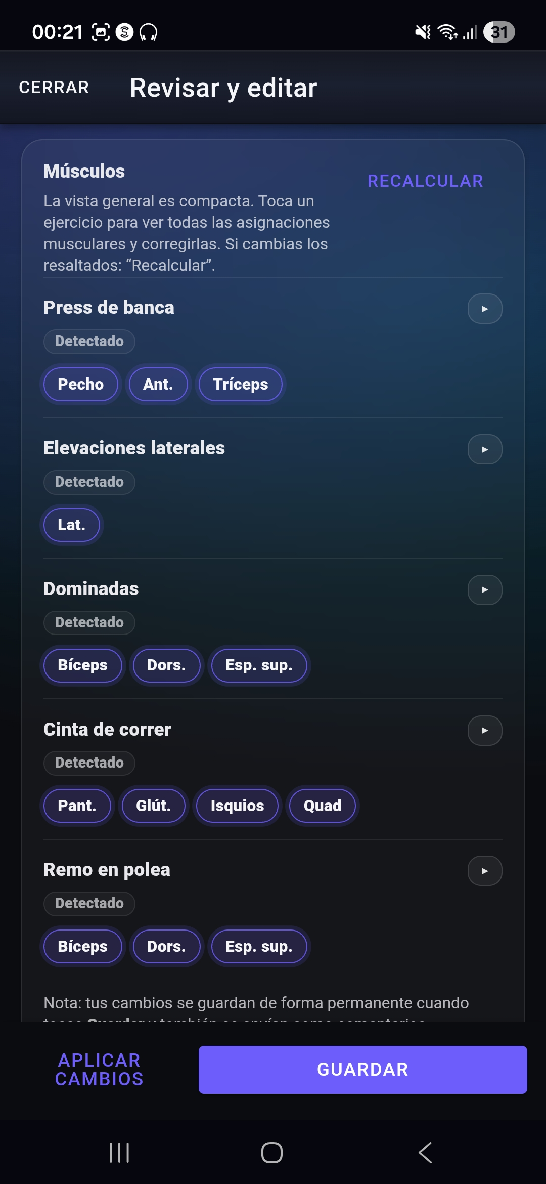 Paso de revisión de Fi7Note con músculos reconocidos y otros detalles del entrenamiento antes de guardar la sesión.