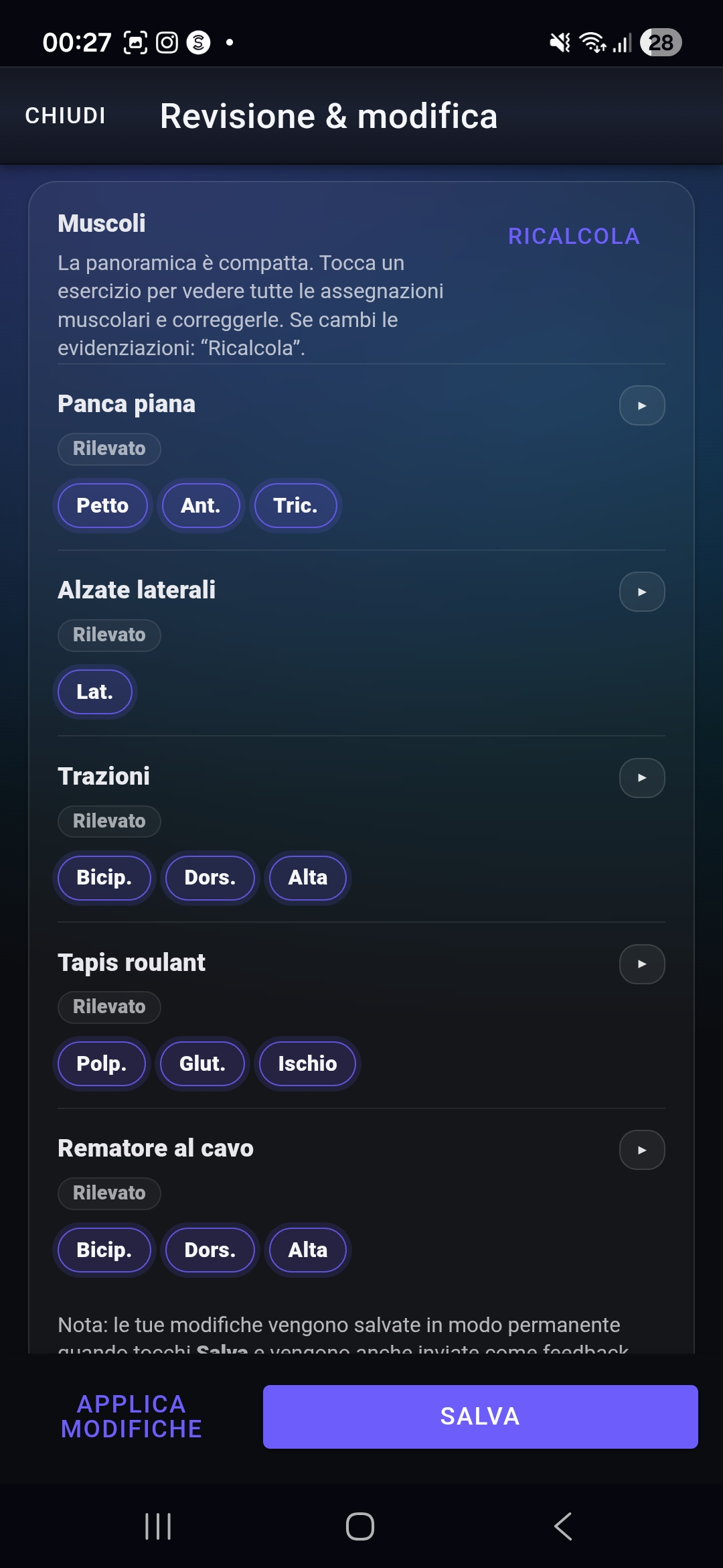 Passaggio di revisione Fi7Note con muscoli riconosciuti e altri dettagli dell’allenamento prima del salvataggio della sessione.