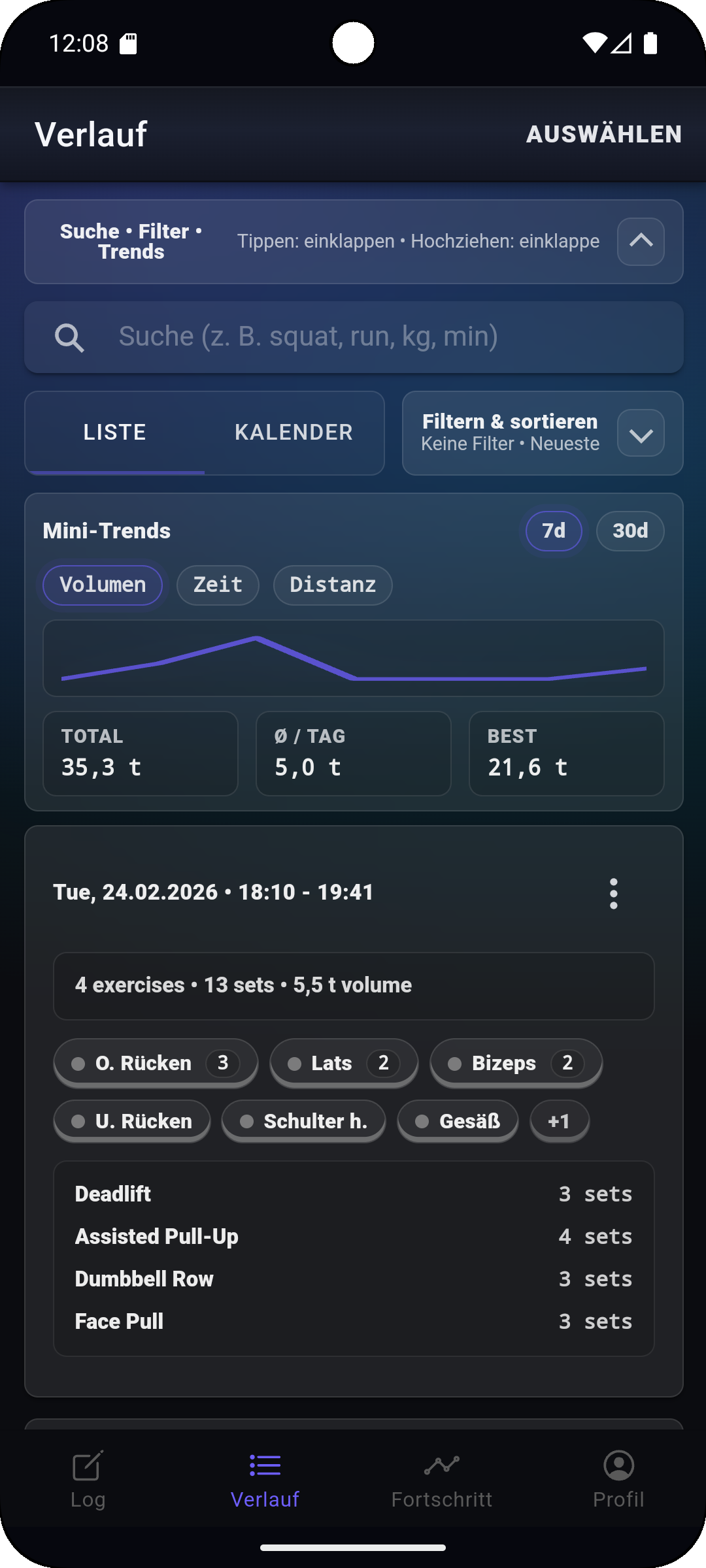 Fi7Note Verlaufsansicht mit Suche, Filtern, Mini-Trends und gespeicherten Workout-Karten.