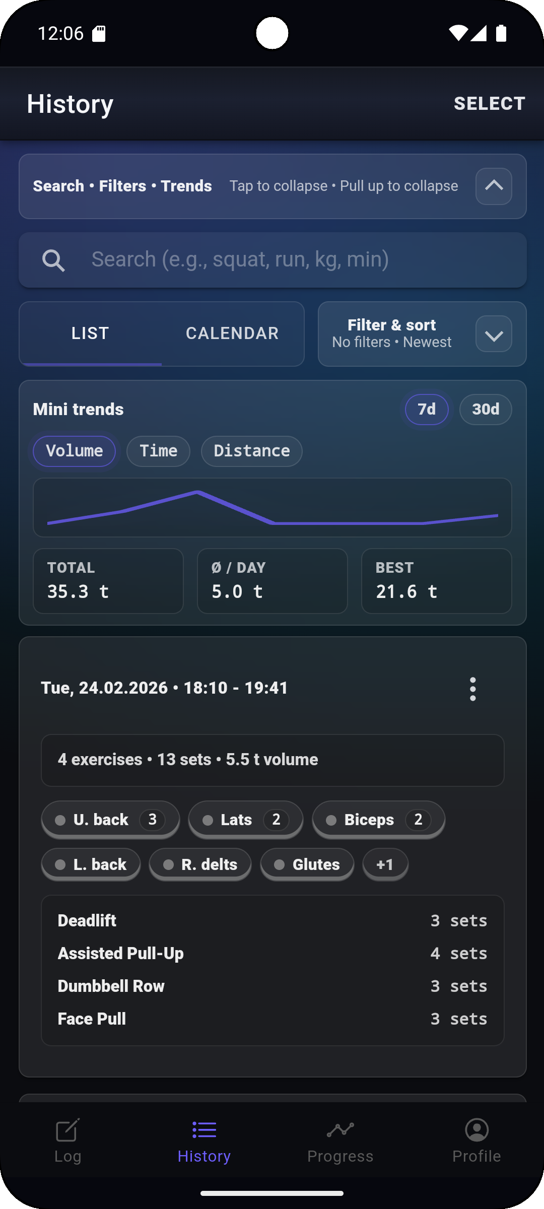 Fi7Note history screen with filters, search, and a structured workout record