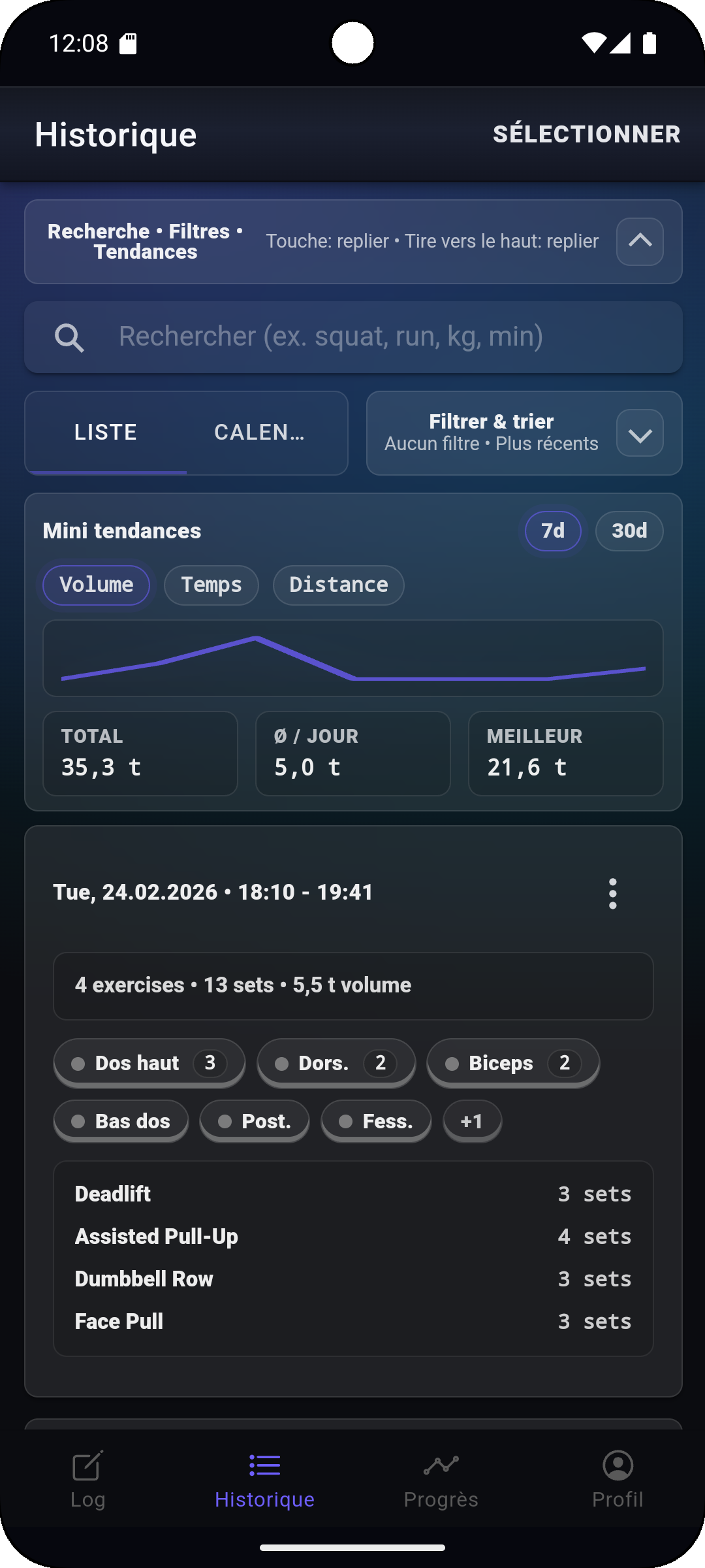 Écran Historique de Fi7Note avec recherche, filtres, mini-tendances et cartes de séances enregistrées.