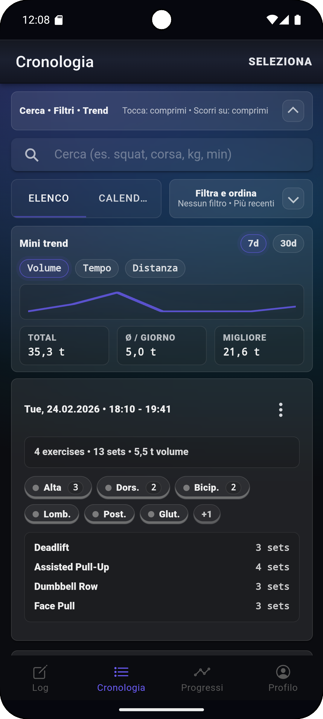 Schermata Storico di Fi7Note con ricerca, filtri, mini trend e schede di allenamenti salvati.