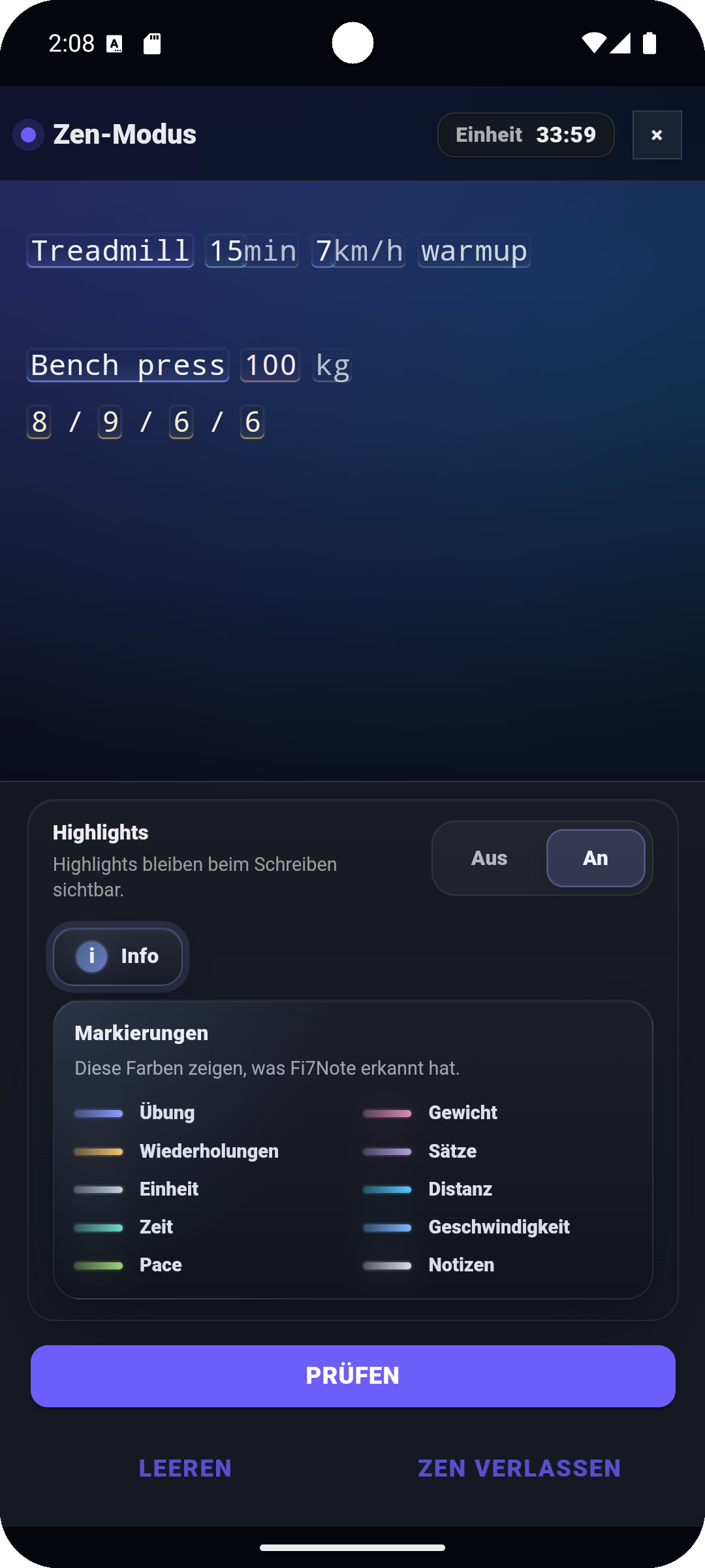Fi7Note Trainingsnotiz mit direkt im Editor hervorgehobenen Übungen, Wiederholungen, Gewicht und Einheiten.