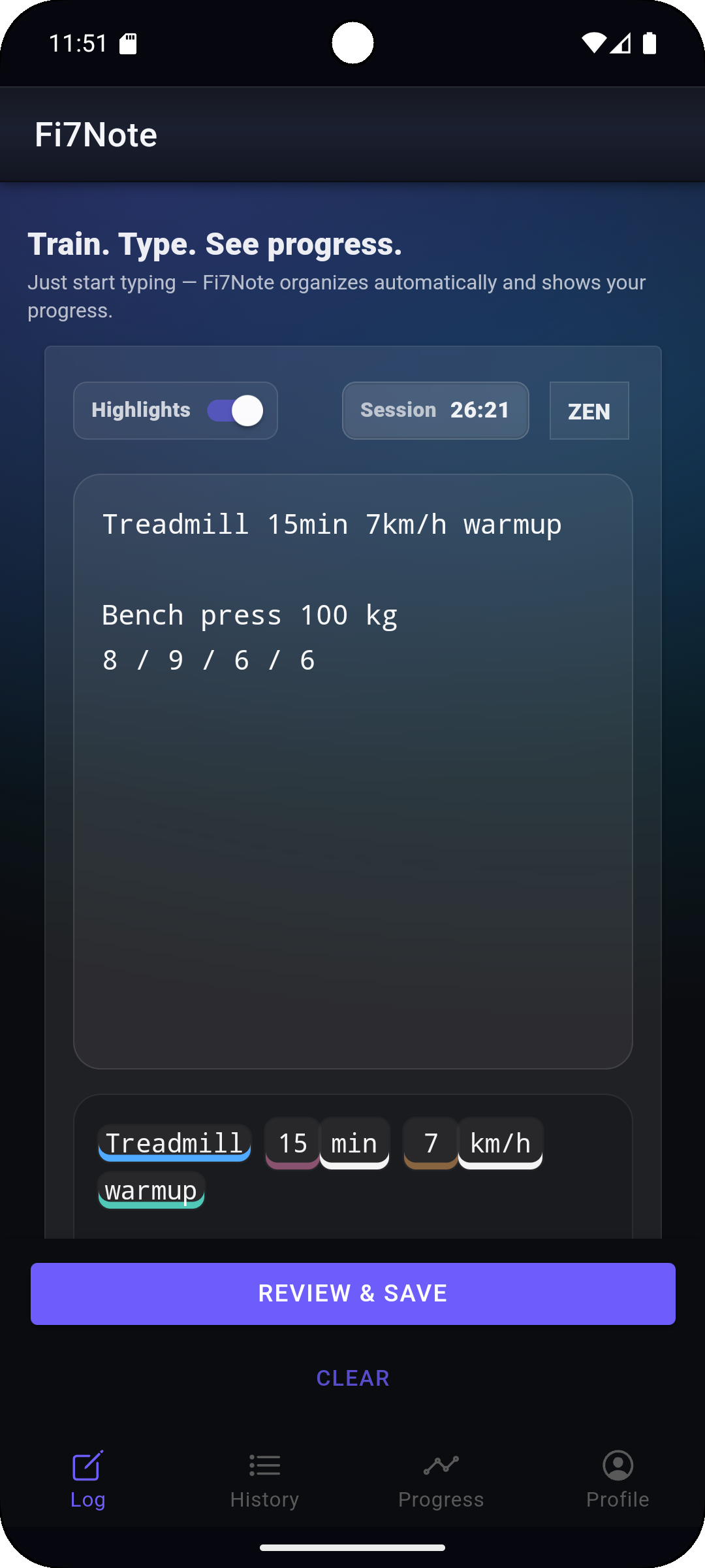 Fi7Note workout logging screen with free-text input, highlights, and review action