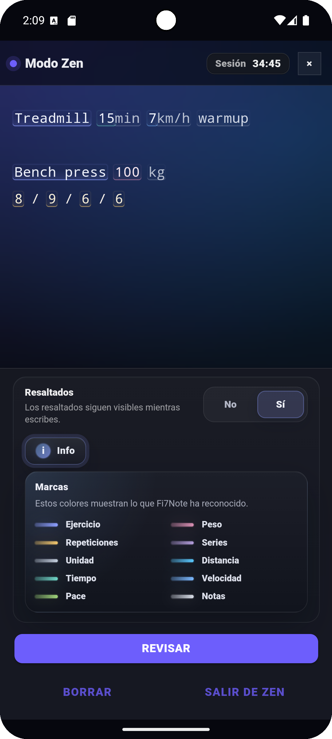Nota de entrenamiento en Fi7Note con ejercicios, repeticiones, peso y unidades destacados directamente dentro del editor.