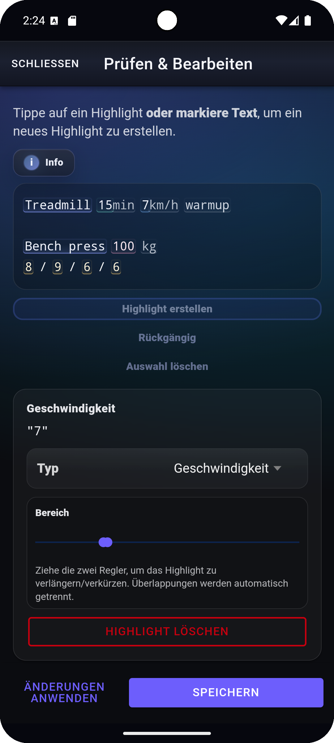 Fi7Note Prüfschritt mit editierbaren Workout-Highlights und erkannten Muskeln vor dem Speichern.