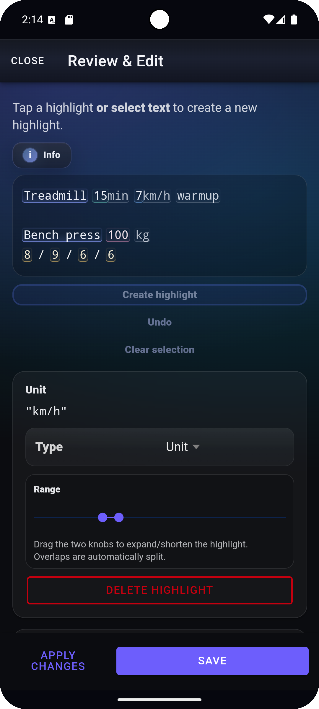 Fi7Note review step showing editable workout highlights and recognized muscles before saving.