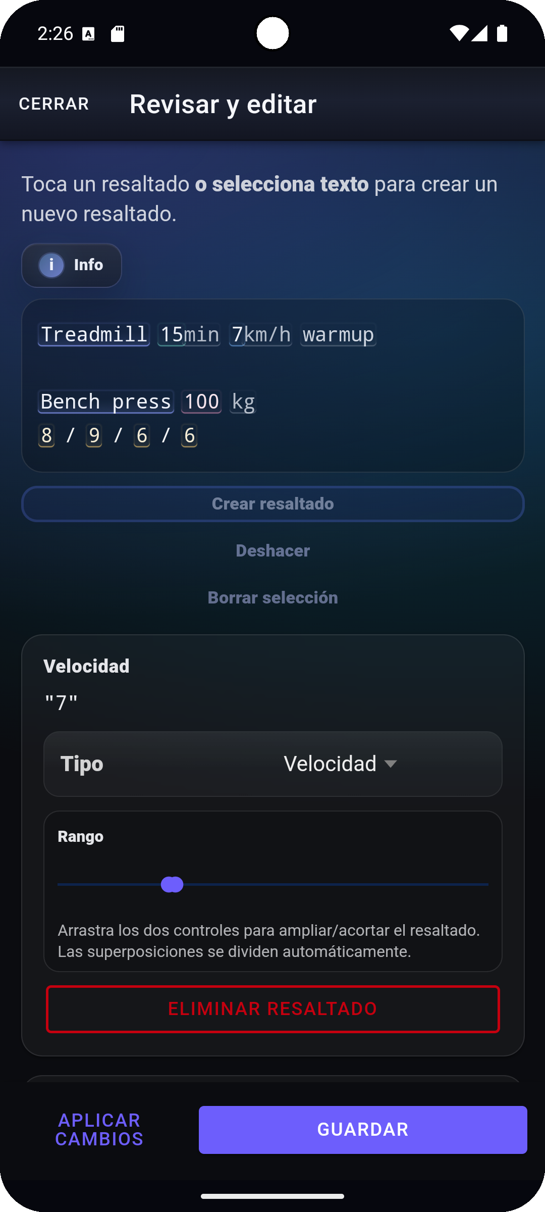 Paso de revisión de Fi7Note con destacados editables y músculos reconocidos antes de guardar.