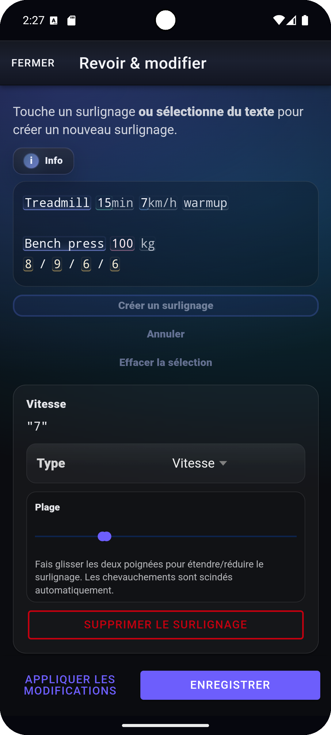 Étape de vérification Fi7Note avec surlignages modifiables et muscles reconnus avant l’enregistrement.