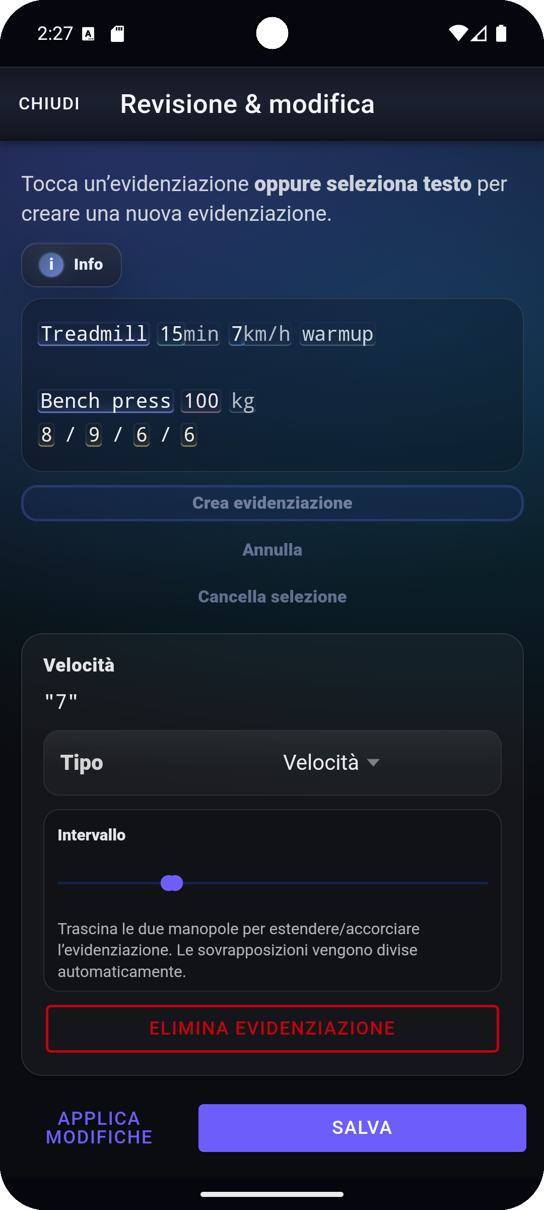 Passaggio di revisione Fi7Note con evidenziazioni modificabili e muscoli riconosciuti prima del salvataggio.